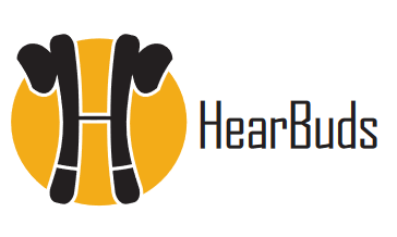 A pair of Ear Buds stylized as the letter H, surrounded with an orange circle and followed by the word Earbuds. Altogether it reads HearBuds.